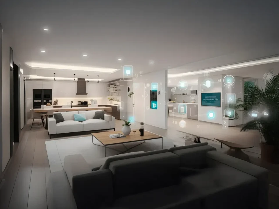 Salle de bain moderne minimaliste avec baignoire blanche, tabouret en bois, miroirs muraux et stores vénitiens