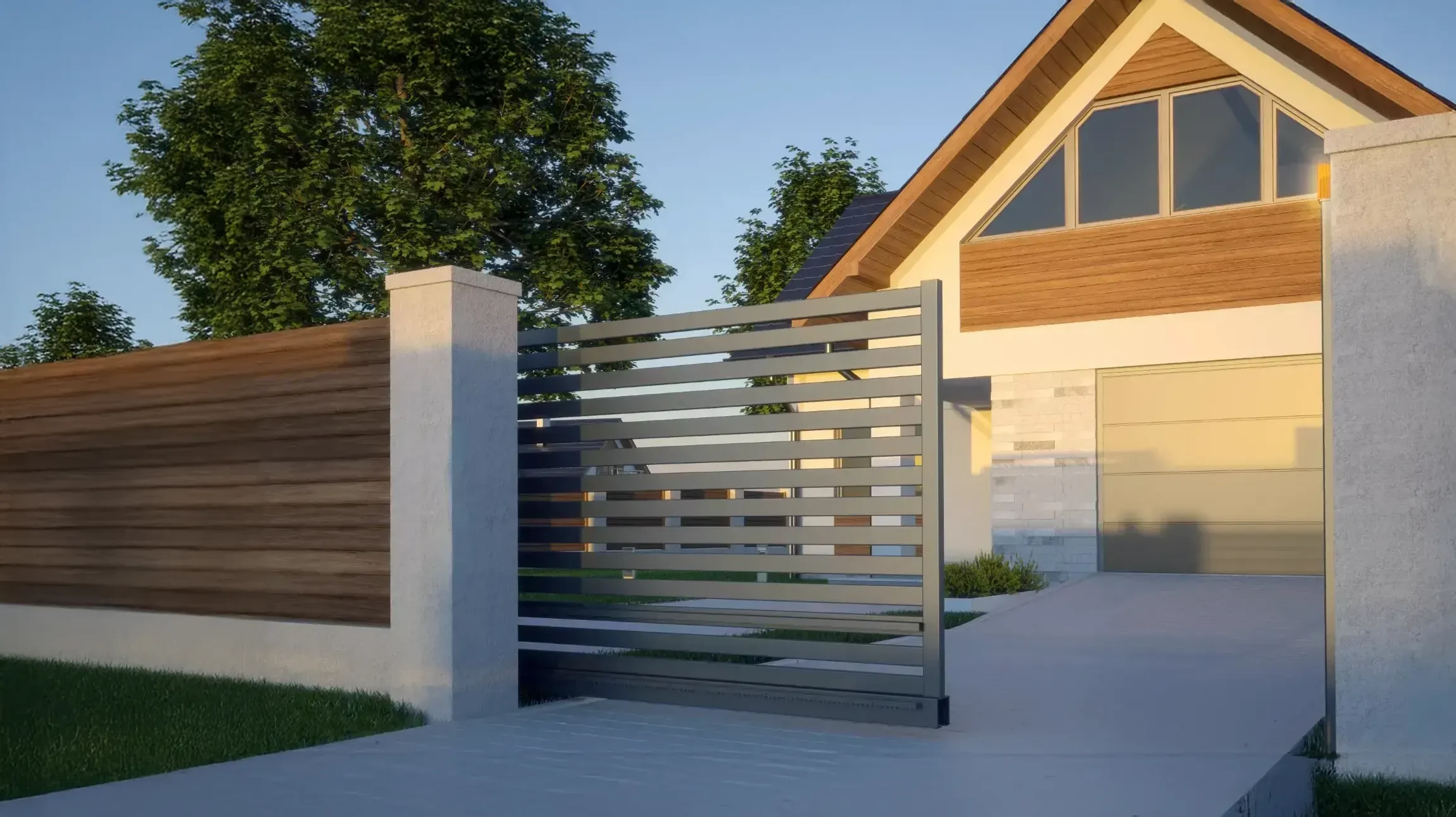 Fa&ccedil;ade moderne de b&acirc;timent r&eacute;sidentiel avec volets roulants blancs partiellement ferm&eacute;s